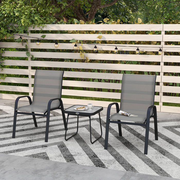 Outdoor Bistro Furniture Set - 3-Piece Patio Ensemble with Stackable Armchairs & Mesh Fabric - Includes SPC Board Coffee Table for Porch or Garden Relaxation