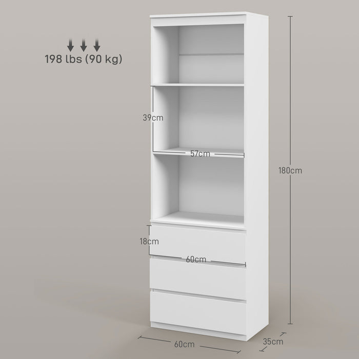 180cm High White Bookshelf with Storage - Elegant Shelving Unit with Multiple Drawers - Ideal for Organizing Books, Decor, and Essentials