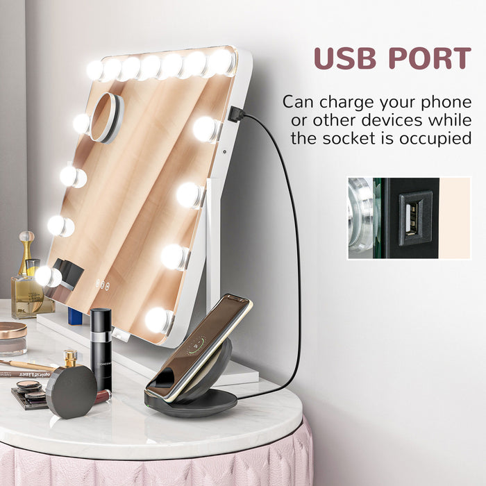 Large Hollywood Vanity Mirror with LED Lights - 63x50 cm Lighted Makeup Mirror, 3 Colour Modes, 14 Bulbs, Touch Control - Includes 10X Magnifying, USB Port, Phone Holder, 360° Swivel Function