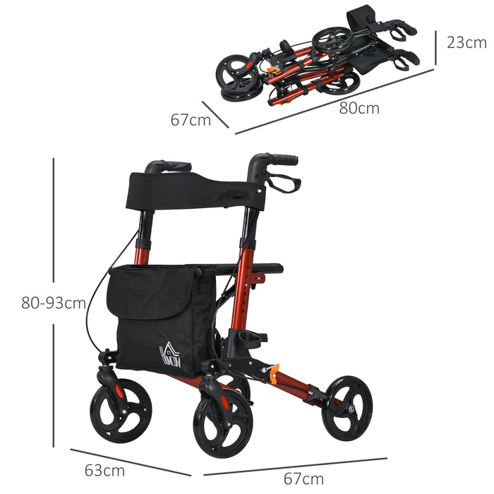 4 Wheel Rollator with Seat and Back Support - Adjustable Height, Dual Brakes, Lightweight Aluminium Mobility Walker, Folding Design, Carry Bag, Cane Holder - Ideal for Seniors and Disabled, Red