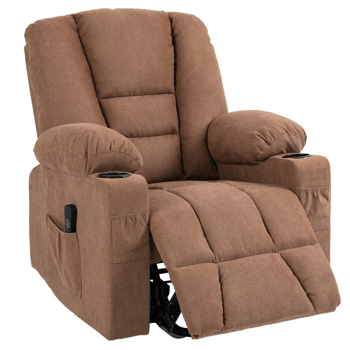 Extra Large Lift Recliner Chair with Remote - Fabric Upholstered, Side Pockets, Cup Holder for Living Room Comfort - Ideal for Elderly, Mobility Assistance Brown Chair