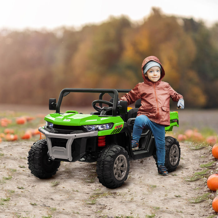 12V Dual-Seater Children's Ride-On Vehicle with Electric Lift Bucket - Interactive Remote-Controlled Car in Vibrant Green - Perfect for Imaginative Outdoor Play