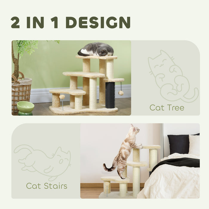 PawHut Cat Tree 2 in 1 Pet Stairs w/ Scratching Tickling Post, Toy Balls, for Bed, Sofa, Couch, Beige | Aosom UK