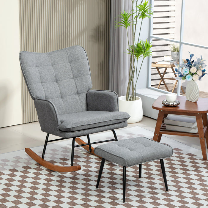 Linen-Styled Rocking Chair with Matching Ottoman - Comfortable Grey Nursery Furniture - Ideal for New Parents & Relaxing Moments