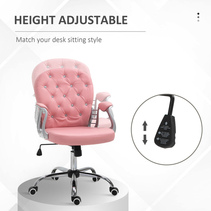 Ergonomic 360° Swivel Office Chair with PU Leather - Diamante Padded Base & 5 Castor Wheels in Pink - Perfect for Home Office Comfort