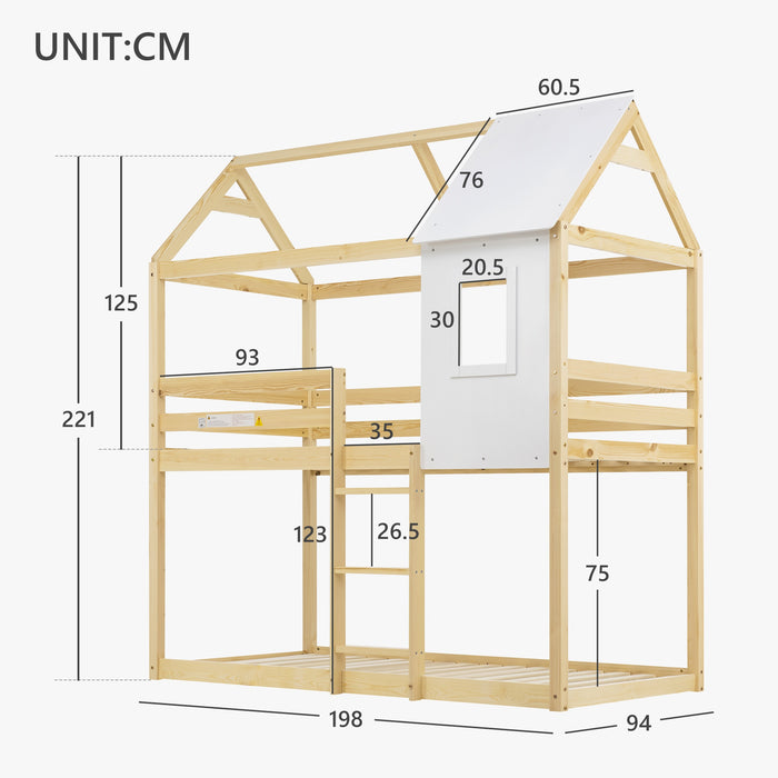 Solid Pine Wood Bunk Bed with Convertible Ladder - Twin Sleeper with Safety Features, Foldable Design, 198x94x221 cm - Ideal for Space Saving & Kids' Room