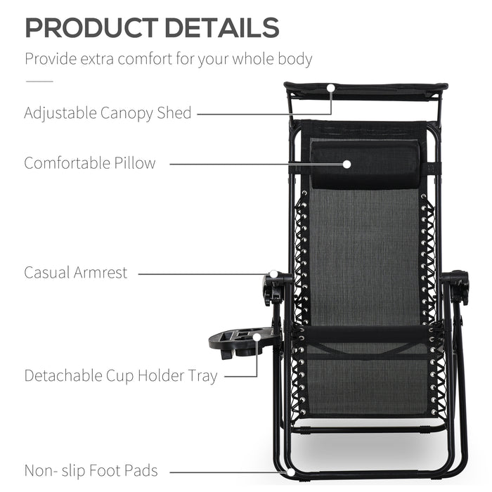 Foldable Zero Gravity Garden Chair Set - Reclining Sun Loungers with Headrest, Footrest, Armrests & Cup Holder - Patio Relaxation with Canopy Shade for Outdoor Comfort