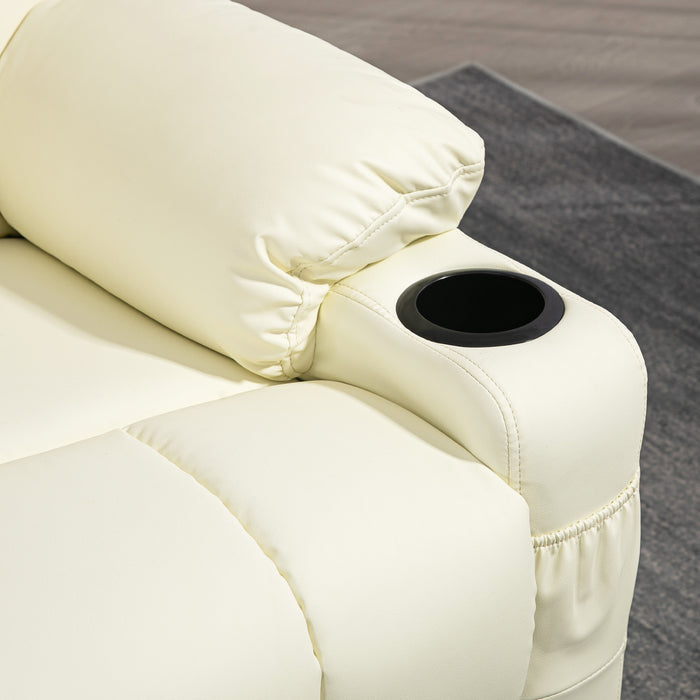 Manual Swivel Recliner Armchair - Comfortable Faux Leather with Footrest and Cup Holders - Ideal for Relaxation and Lounging, Cream, 86x93x102cm