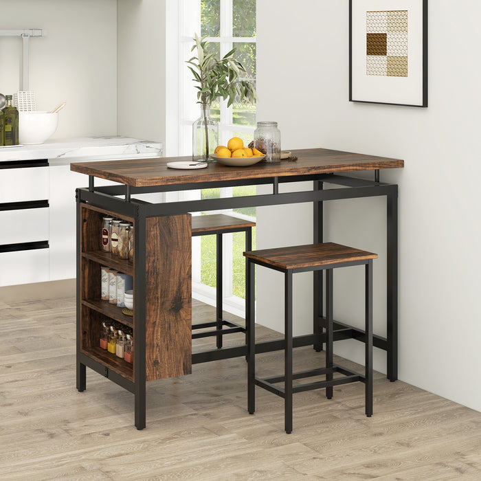 3-Piece Dining Table Set - 3-Tier Storage Shelf & Metal Frame in Coffee - Ideal for Compact Dining Spaces & Storage Solution