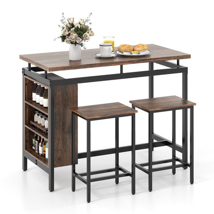 3-Piece Dining Table Set - 3-Tier Storage Shelf & Metal Frame in Coffee - Ideal for Compact Dining Spaces & Storage Solution