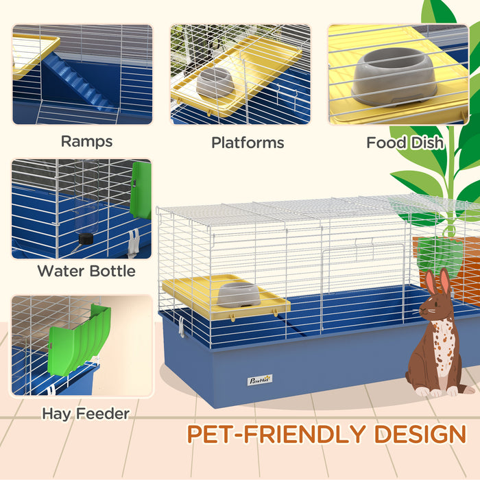 Small Animal Habitat - Chinchilla, Guinea Pig & Small Rabbit Cage with Platform and Ramp - 99x52x53cm Pet Playhouse in Blue