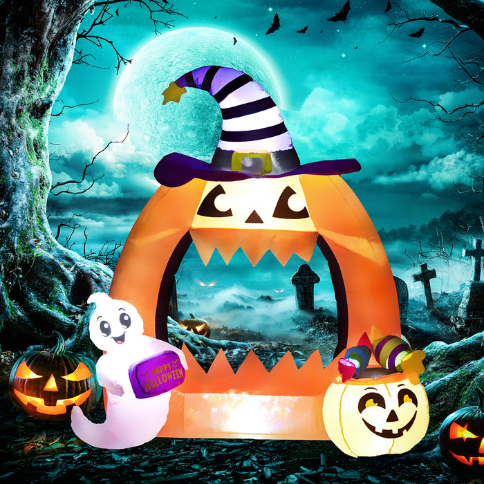 Halloween Inflatable Pumpkin Archway with Friendly Ghost – 4.9FT LED-lit Blow-Up Entryway for Lawn & Garden – Perfect Outdoor Decoration for Spooky Festivities & Themed Parties