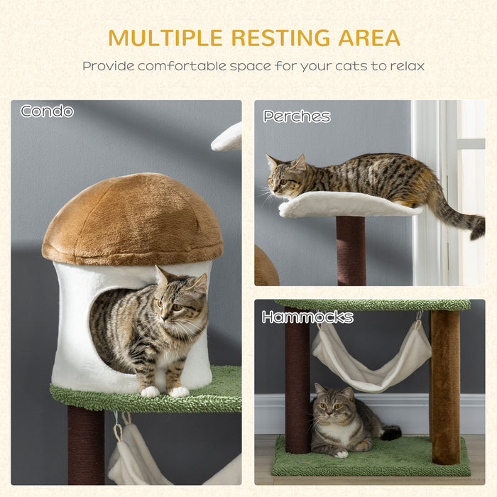 100cm Cat Tree Tower - Mushroom Condo, Sisal Scratching Post, Hammock Activity Center - Ideal for Playful Cats & Kittens