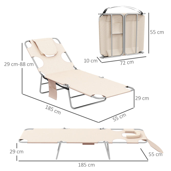 Foldable Beach Chaise Lounge Twin Pack with Reading Hole - Adjustable 5-Position Backrest, Arm Slots & Side Pocket - Perfect for Patio, Garden, Poolside Relaxation, Beige