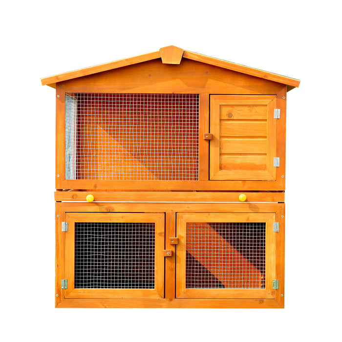 2-Tier Wooden Rabbit Hutch with Run Ramp - Spacious Guinea Pig & Ferret Cage Coop with Sliding Tray, 94x97x61cm - Ideal Pet Shelter for Bunnies and Small Animals