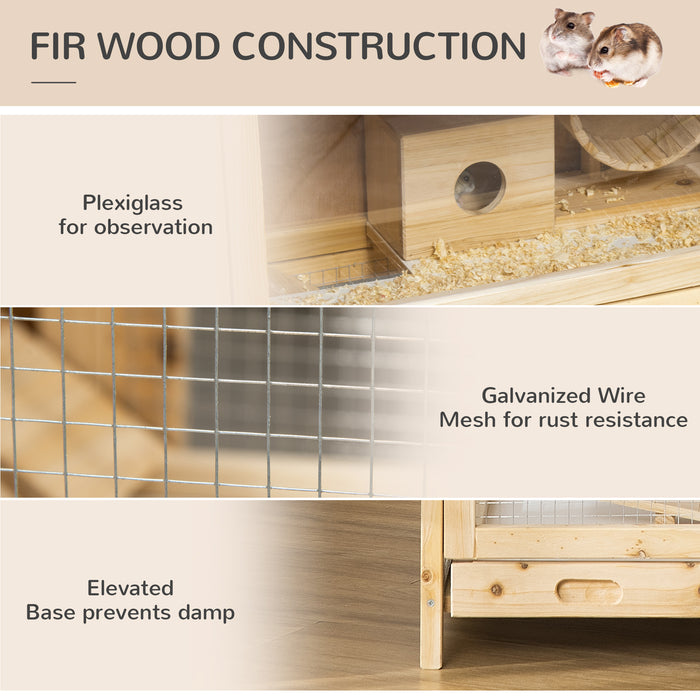 Premium Wooden Hamster Cage with Exercise Play House - Double Layer, Sliding Tray, Seesaw, Running Wheel for Mice and Small Rodents - Ideal Pet Habitat for Play and Comfort