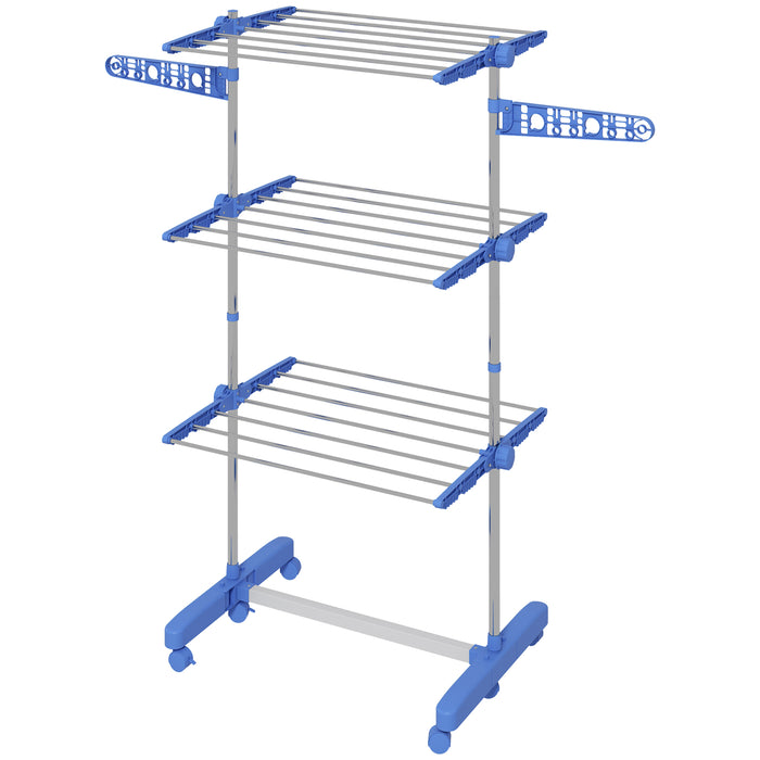 Foldable 3-Tier Stainless Steel Clothes Airer with Wheels - Indoor/Outdoor Drying Rack with Expandable Wings, Easy Assembly - Space-Saving Solution for Laundry Management, 142x55x152cm, Blue