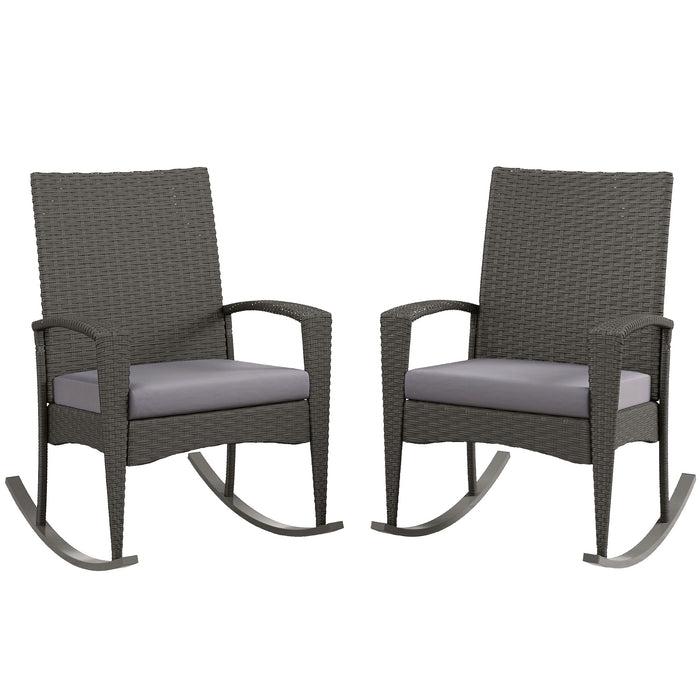 PE Rattan Outdoor Rocking Chair Duo - Garden Patio Furniture with Armrests and Grey Cushions - Comfortable Seating for Porch, Yard or Sunroom