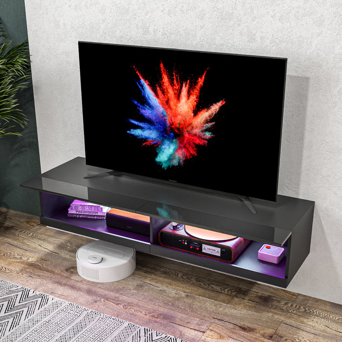 Modern Black Floating TV Cabinet with LED Lights - High Gloss Wall Mounted Media Unit with Storage Shelves - Stylish Entertainment Center for Living Room