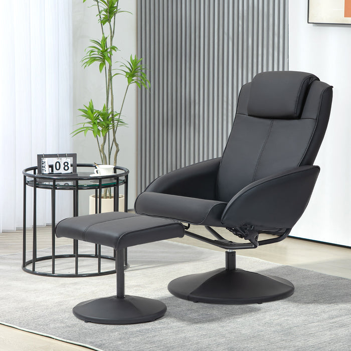 Reclining Faux Leather Lounge Chair with Matching Footstool - Sleek Black Finish - Ideal for Relaxing and Unwinding