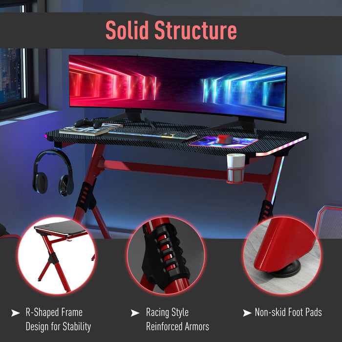 RGB LED Gaming Desk - Racing Style Workstation with Cup Holder and Cable Management - Ideal for Gamers and Streamers