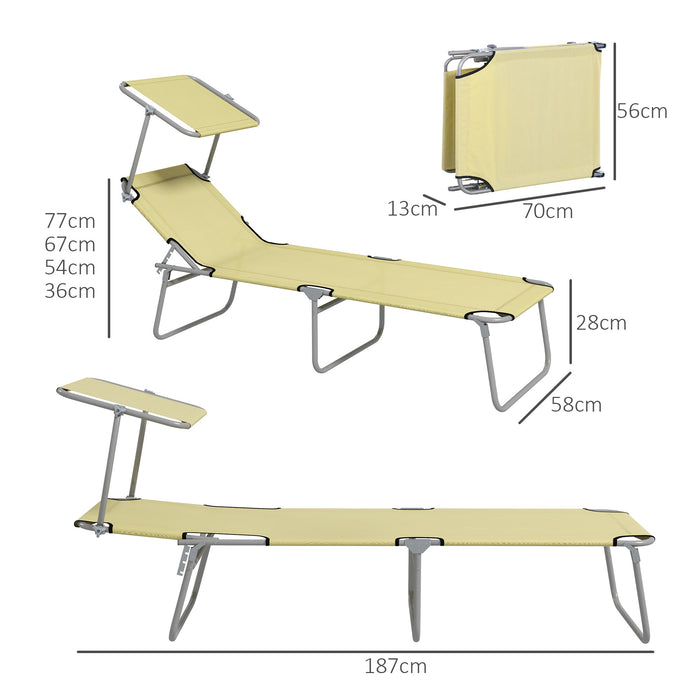 Foldable Twin Sun Lounger Chairs with 4-Level Adjustable Backrest and Sunshade - Reclining Beach and Patio Furniture in Beige - Ideal for Sunbathing and Relaxation Outdoors