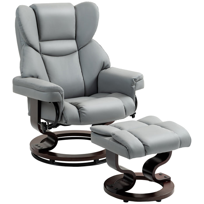 Faux Leather Swivel Recliner Chair with Matching Footstool - Adjustable Backrest, Upholstered Lounge Armchair - Comfortable Seating Solution for Living Room in Light Grey