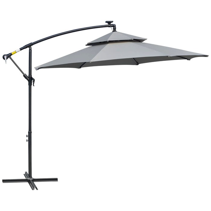 Cantilever Banana Parasol with LED Solar Lights - Double Roof Hanging Umbrella with Crank, 8 Ribs & Cross Base - Outdoor Oasis for Garden, Patio Use in Light Grey