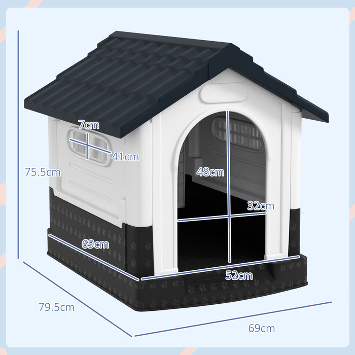 Durable Plastic Canine House with Viewing Windows - Outdoor Dog Kennel for Patio Use, Ideal for Mini and Small Breed Dogs - Weather-Resistant Grey Shelter, 80x69x76cm