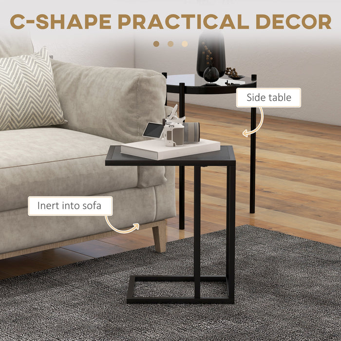 C Shape Bedside Table - Metal Frame with Wood-Effect Top, Narrow Snack End Table - Ideal for Living Room and Small Spaces