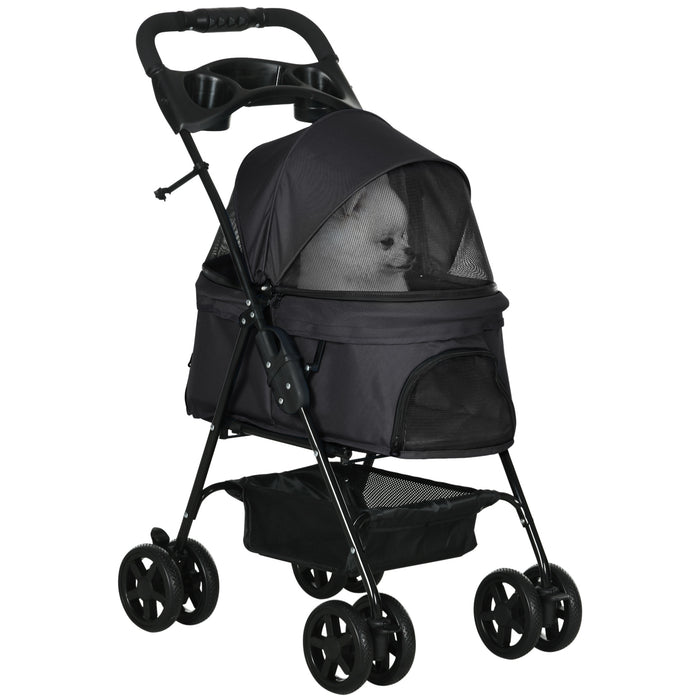 Foldable Pet Stroller for Cats & Dogs - 4-Wheeled Travel Carriage with Adjustable Canopy & Safety Features - Includes Storage Basket and Cup Holder for Pet Parents on the Go