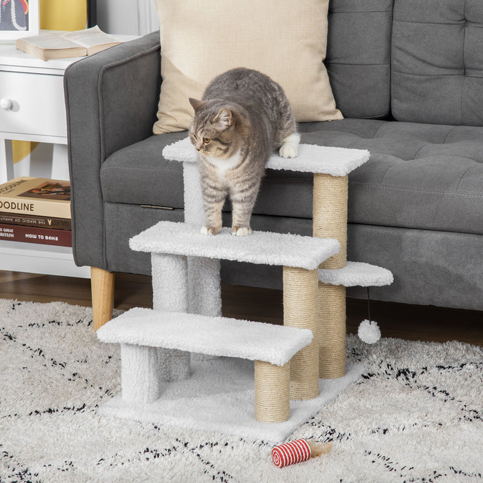 3-Step Pet Staircase with Scratching Posts and Play Platforms - Climbing Ladder with Toy Ball for Interactive Play - Perfect for Aging Cats and Kittens, White