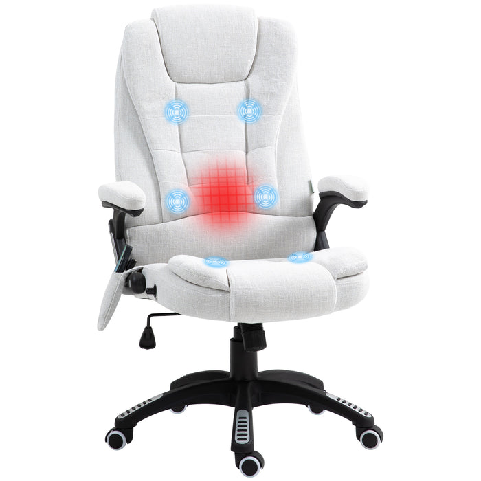 Heated Massage Recliner Chair with Linen Fabric - 6-Point Vibrating Office Chair with Swivel Casters - Comfort for Home and Office Use, Cream White