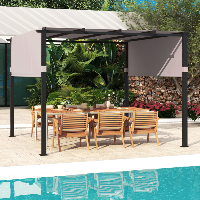 305 x 305 cm Flat Top Pergola with Retractable Canopy and Heavy-duty Metal Frame-Beige