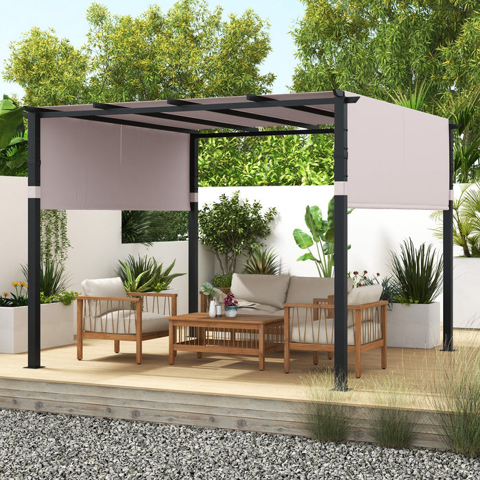 305 x 305 cm Flat Top Pergola with Retractable Canopy and Heavy-duty Metal Frame-Beige