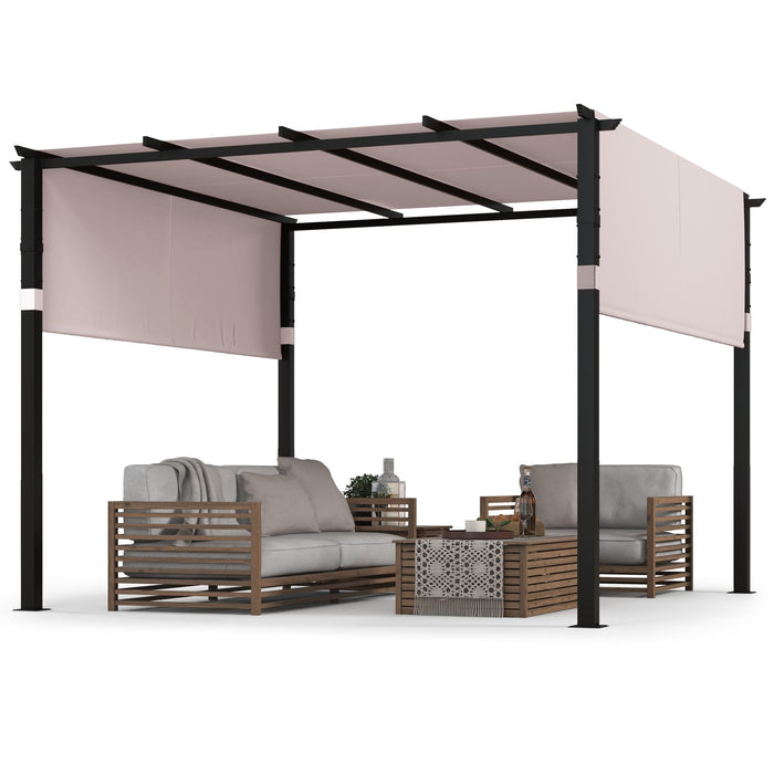 305 x 305 cm Flat Top Pergola with Retractable Canopy and Heavy-duty Metal Frame-Beige