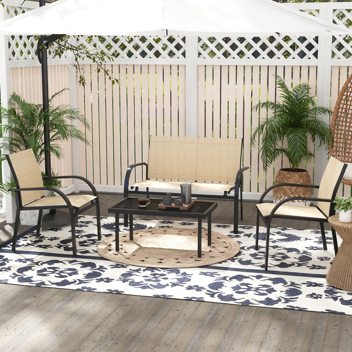 Curved Steel 4-Piece Patio Set - Loveseat, Texteline Chairs, Glass-Top Table for Garden & Balcony - Ideal for Family Gatherings & Entertaining Guests, Beige