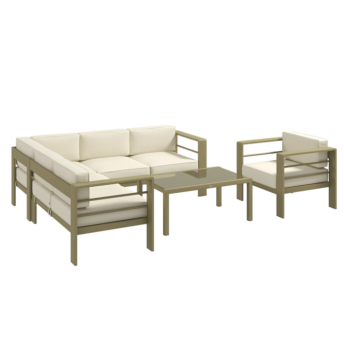 5-Piece Garden Sofa Set with Cushions - Aluminium Patio Furniture & Glass Top Coffee Table - Ideal for Deck and Patio Comfort in Gold Tone