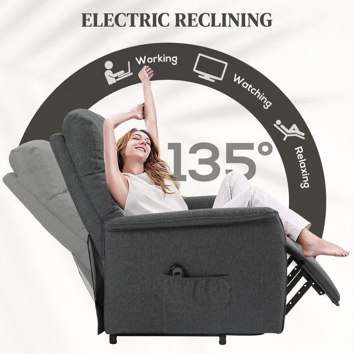 Electric Power Lift Reclining Chair - Fabric Armchair with Spring Pack Seat, Remote, and Side Pockets - Elderly-Friendly Design with Footrest for Living Room Comfort, Grey