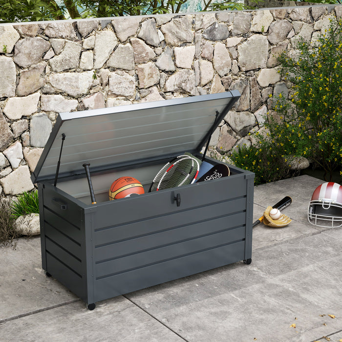 Waterproof 331L Outdoor Storage Box with Wheels and Handles - Lockable Galvanized Steel Deck Box, Dark Grey - Ideal Organizer for Garden Tools, Cushions, and Accessories