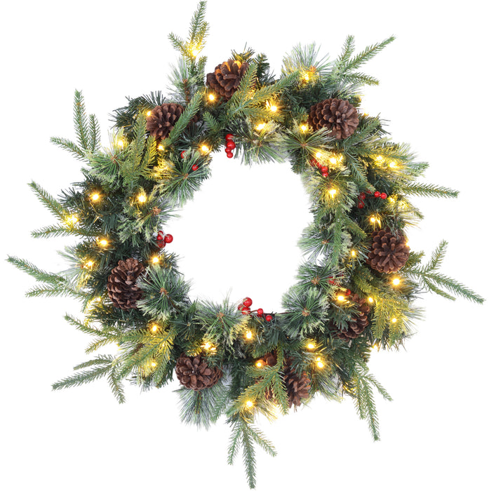 Aosom UK Pre-Lit 60cm Christmas Wreath - LED Lights, Pine Cones, Red Berries Festive Door & Window Decor - Seasonal Wall Accent for Home and Office