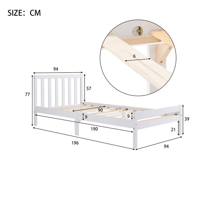 Wooden Single Bed Frame 3ft with Headboard - No Box Spring Needed, Easy to Assemble, White, 196x94x77 cm - Perfect for Kids and Guest Rooms