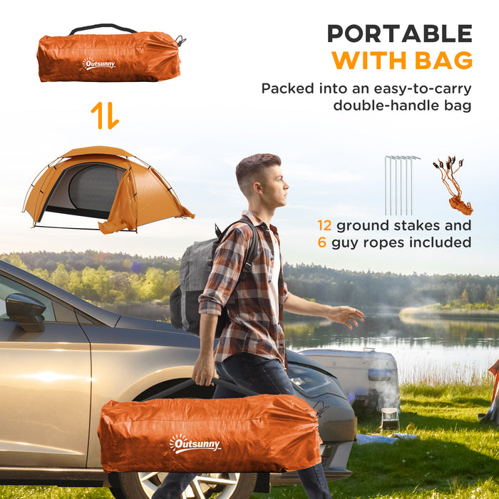 Outsunny Camping Tent with Self Inflatable Mattress, 1 Person Dome Tent with Removable Rainfly and Aluminium Frame, 2000mm Waterproof, Portable with Bags, for Fishing Hiking, Orange/Khaki