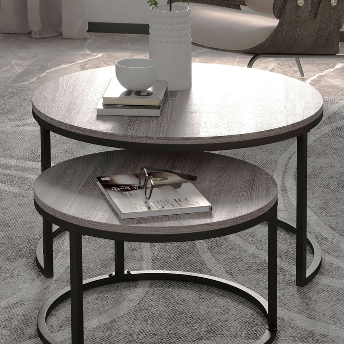 Industrial Nesting Coffee Table Duo - Wood Effect Top with Sturdy Steel Frame, Round Accent Tables - Ideal for Living Room Space Saving & Decor