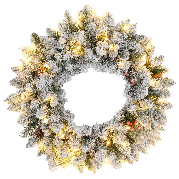 Pre-Lit 60cm Festive Christmas Wreath with LED Lights - Pine Cones & Red Berries Decor, Flocked for Window/Wall - Ideal for Front Door & Winter Holiday Ambiance