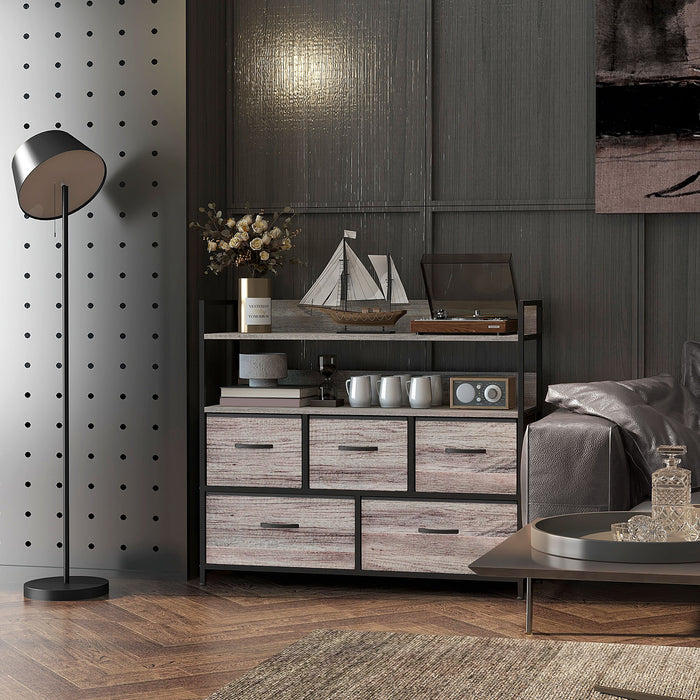 Rustic-Styled Chest with 5 Fabric Drawers - Grey Wood Grain Finish - Ideal Storage Solution for Cozy Home Decor