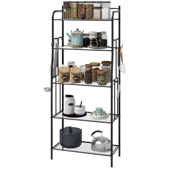 5-Tier Kitchen Storage Rack - Microwave Stand with Open Mesh Shelves & Bonus Hooks - Versatile Coffee Bar Station for Living Room, Steel Frame, Black