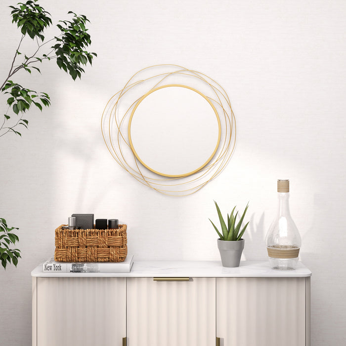 Gold Tone Abstract Metal Wire Wall Mirror - Elegant Circular Accent with Hanging Accessories - Ideal Home Decor for Modern Interiors