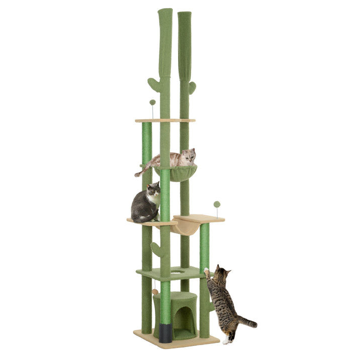 PawHut 225-255cm Height Adjustable Floor to Ceiling Cat Tree, Tall Cat Tower for Indoor Cats w/ Scratching Posts - Green | Aosom UK