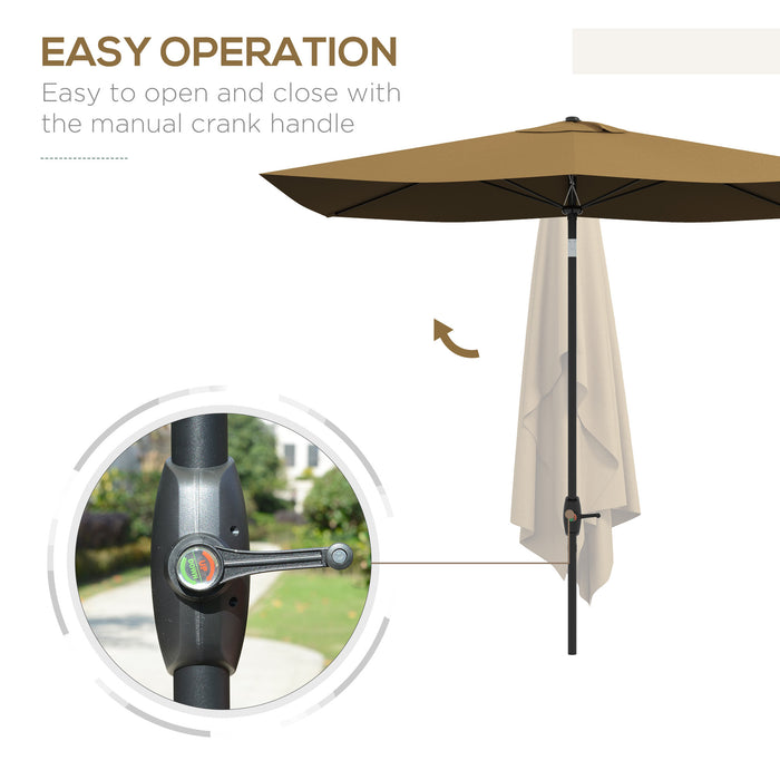 Rectangular Garden Parasol Umbrella 2 x 3m - Brown Aluminum Outdoor Market Sun Shade with Crank, Push Button Tilt, 6 Ribs - Ideal for Patio, Deck, Poolside Relaxation